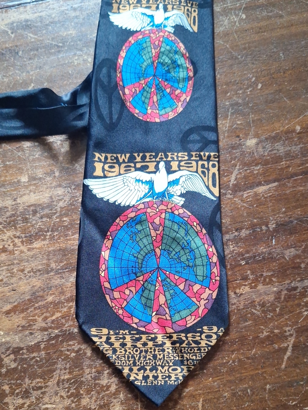 Black Graphic Silk Novelty Tie with Blue & Pink Peace Globe
